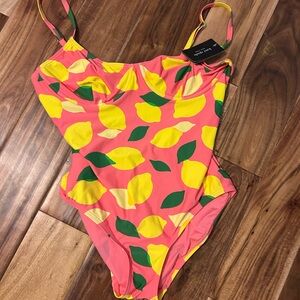 Kate Spade Pink and Yellow Lemon Print One Piece Swimsuit